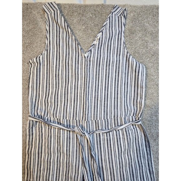 BeachLunchLounge Striped Tie Waist Linen Cotton Jumpsuit Women's Size Medium - Picture 2 of 16
